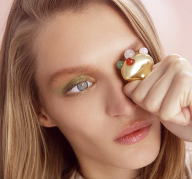 Gold statement ring with red & green agate