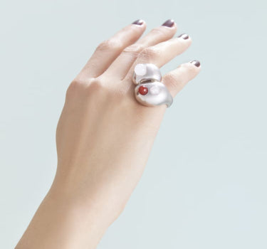 Big silver ring with rose quartz & red agate